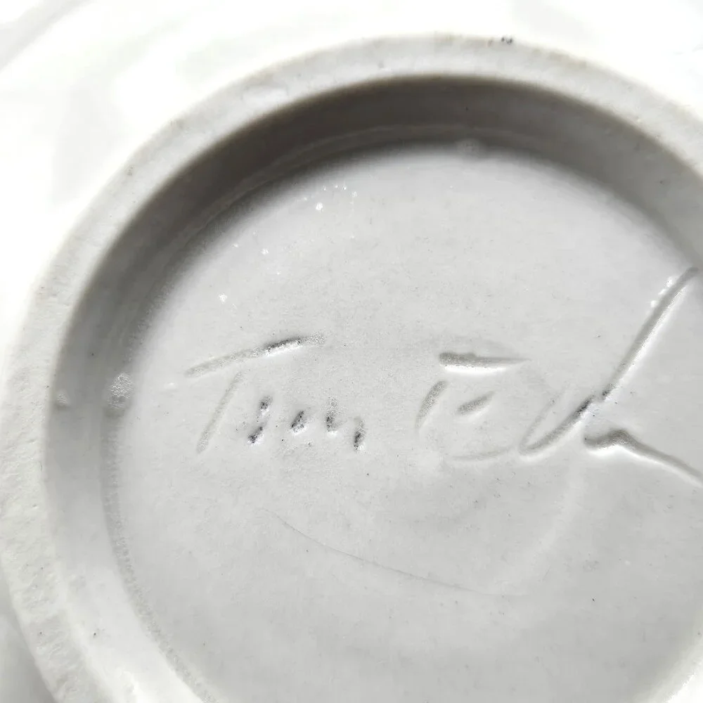 Feed The Kitty Cat Already Dish Bowl Blue White Paw Prints Artist Signed